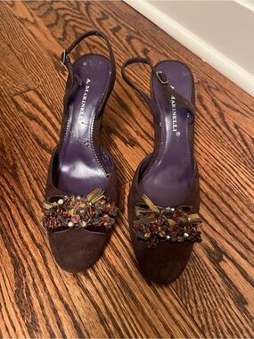 A. Marinelli Brown Suede Embellished Slingback Heels with Purple Insole